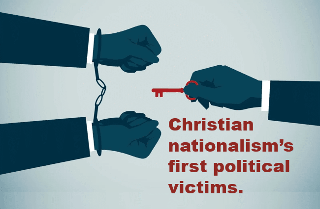taking the cuffs off of a prisoner, suggesting that the Christian nationalist killer is being protected.