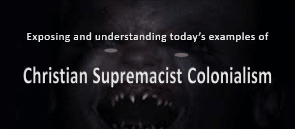 Christian supremacist colonialism pictured as a monster coming alive.